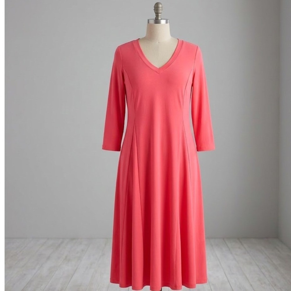 Attitudes by Renee Coral Pink V-Neck A-Line Midi Dress 3/4 Sleeve Petite Large
